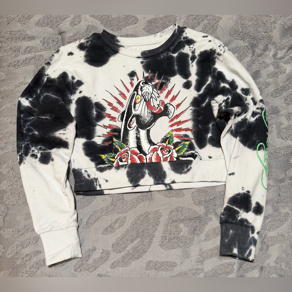 Ed Hardy Panther Rose Tie Dye Crop Sweatshirt Size Medium